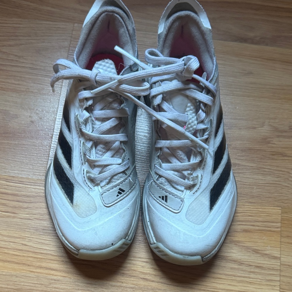adidas White Athletic Youth Turf Shoes with Black Three-Stripes